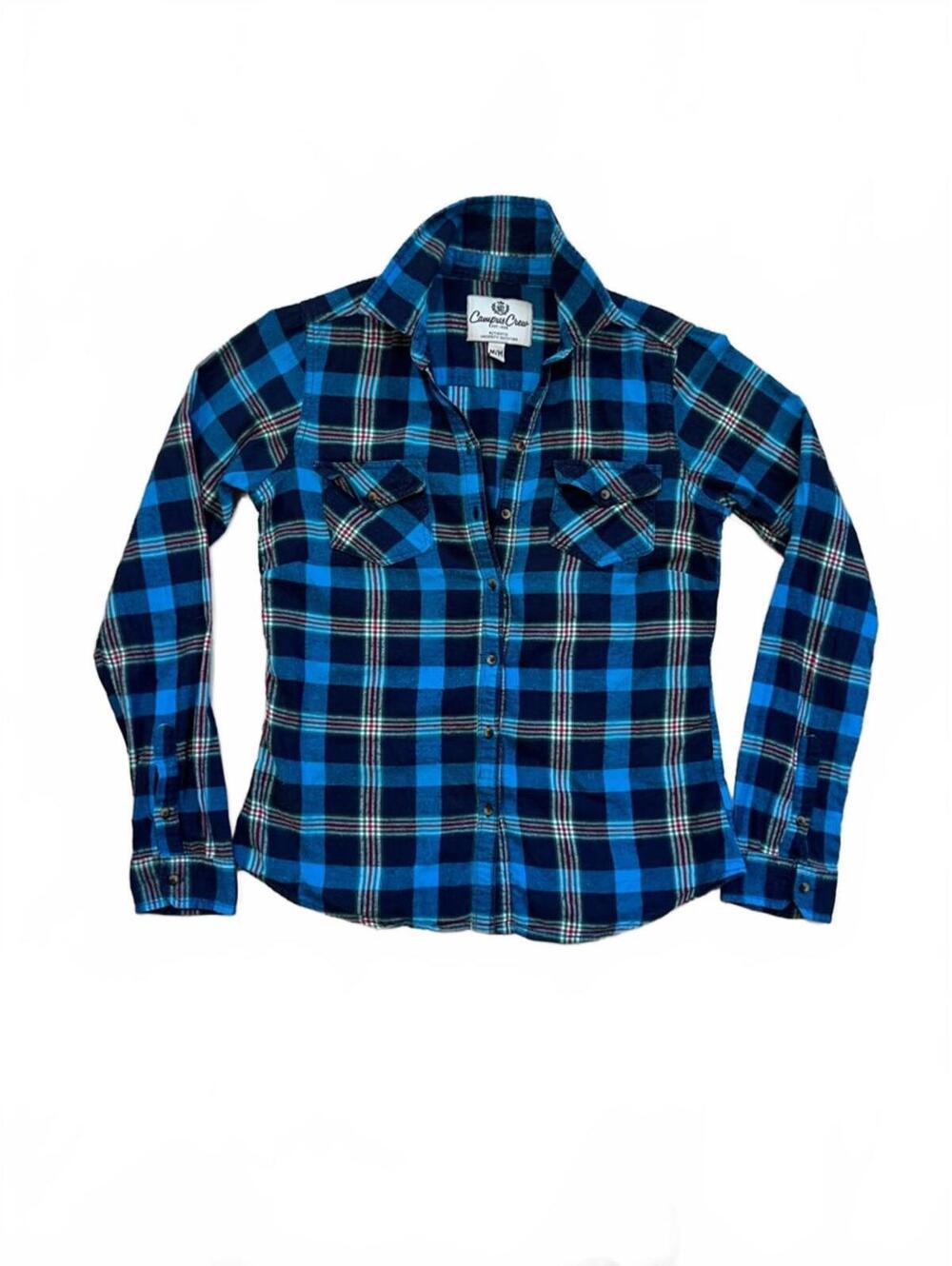 Vintage Cotton Preppy Campus Crew Blue Plaid Button Down Long‎ Sleeve Size M Y2K